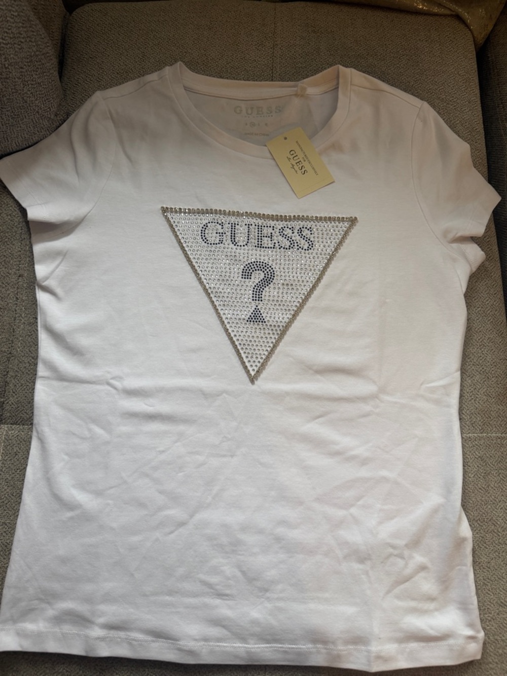 GUESS White Crystal Triangle Logo Tee